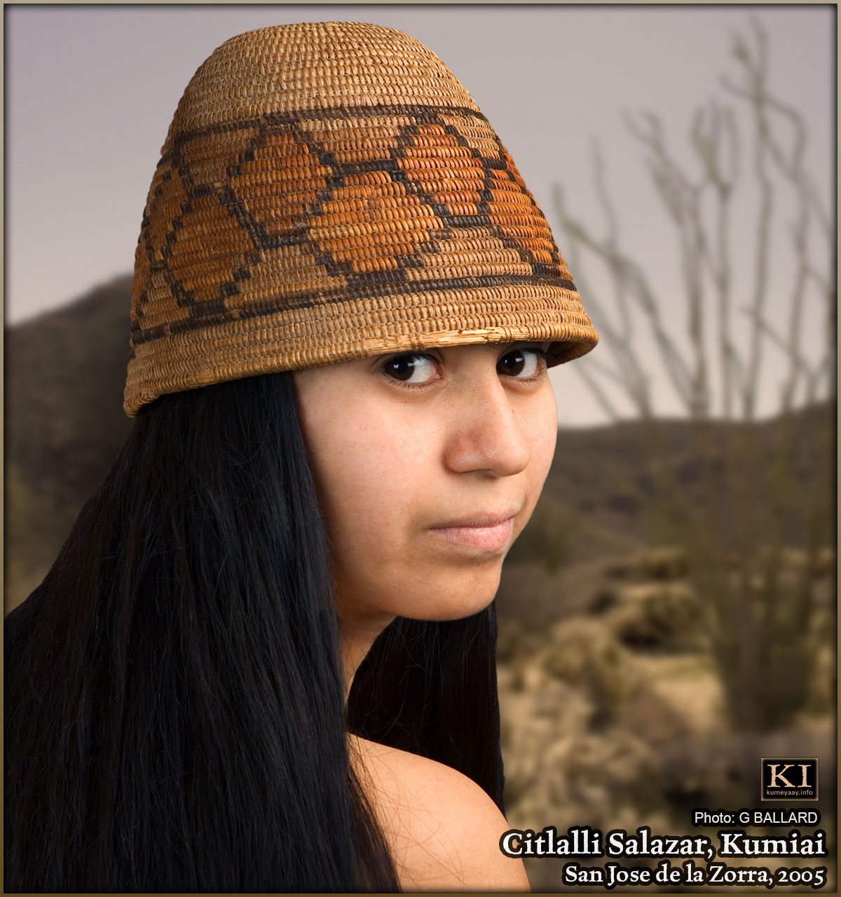 ANTIQUE AMERICAN INDIAN BASKET HAT, young 18-year old female indigenous model.