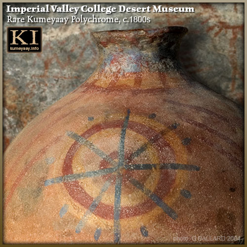 RARE KUMEYAAY DIEGUENO CLAY POT OLLA circa 1800s, painted in polychrome tribal motifs...
