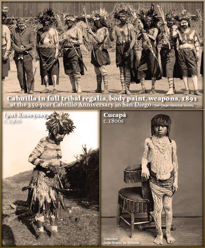 TRIBAL BODY AND FACE PAINT, Kumeyaay Kuseyaay, full body paint, feathered headdresses, bows and arrows, 1992 in San Diego.